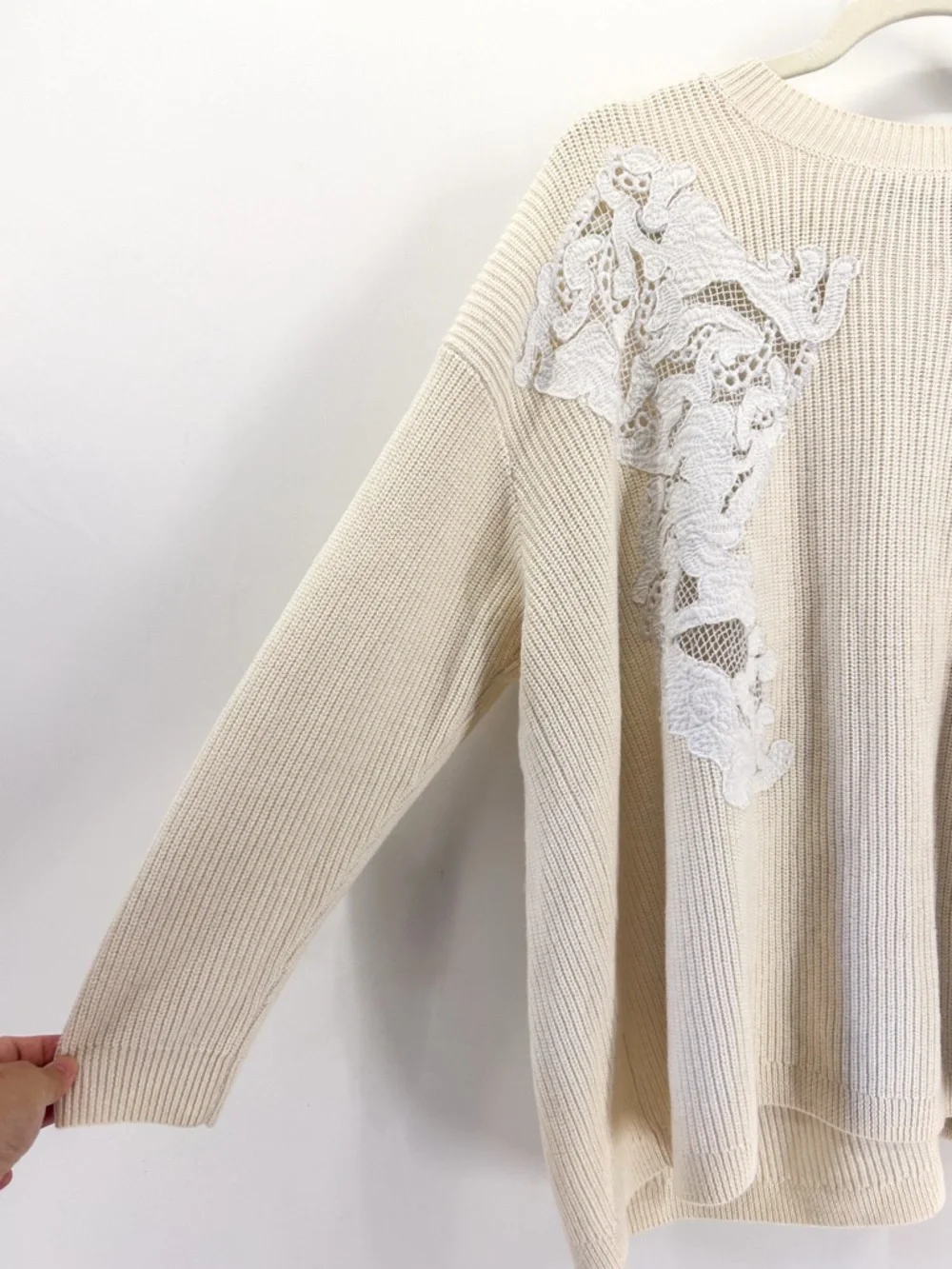 Sandro Paris Cream Rib Knit Wool Blend Sweater Lace Eyelet Panels Open Back S